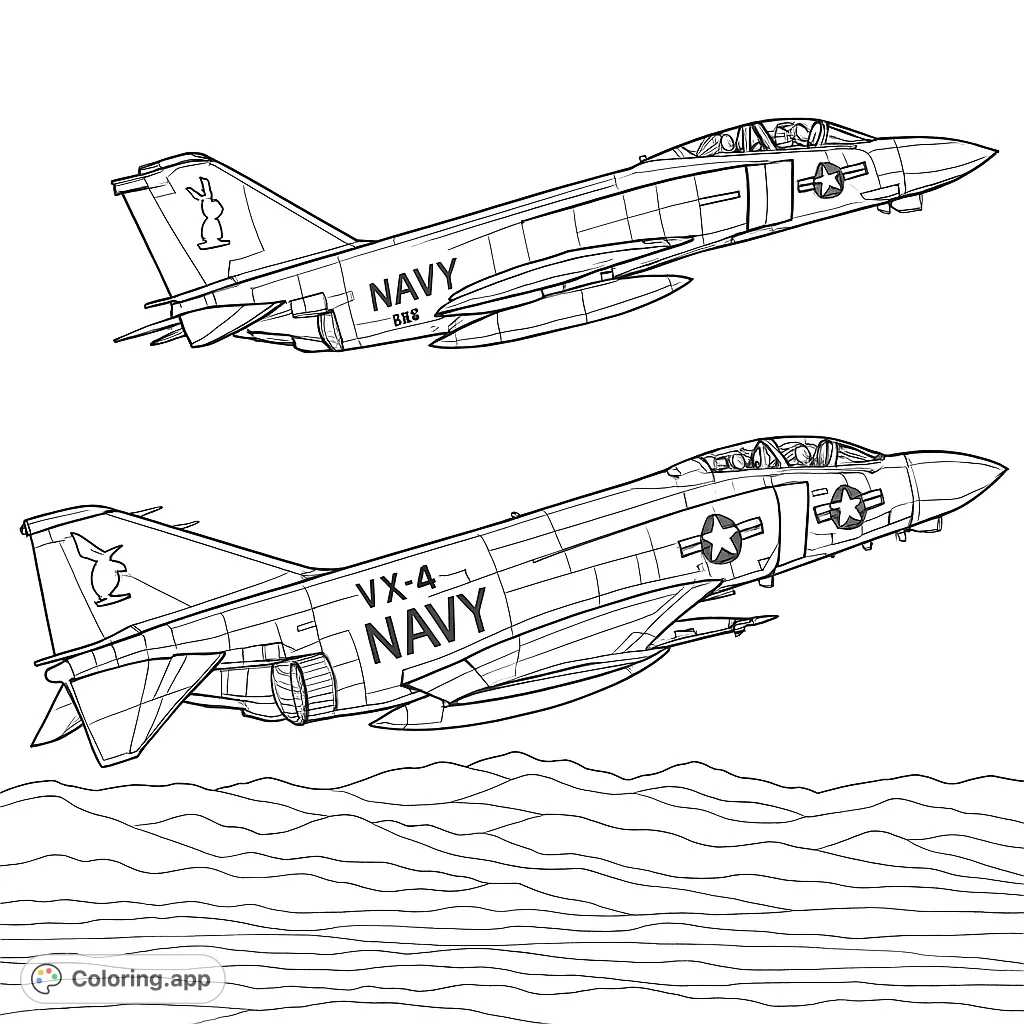 Two powerful military jets, an F-14 Tomcat and F-4 Phantom, soar through the sky in a dynamic formation. Perfect for aviation enthusiasts.