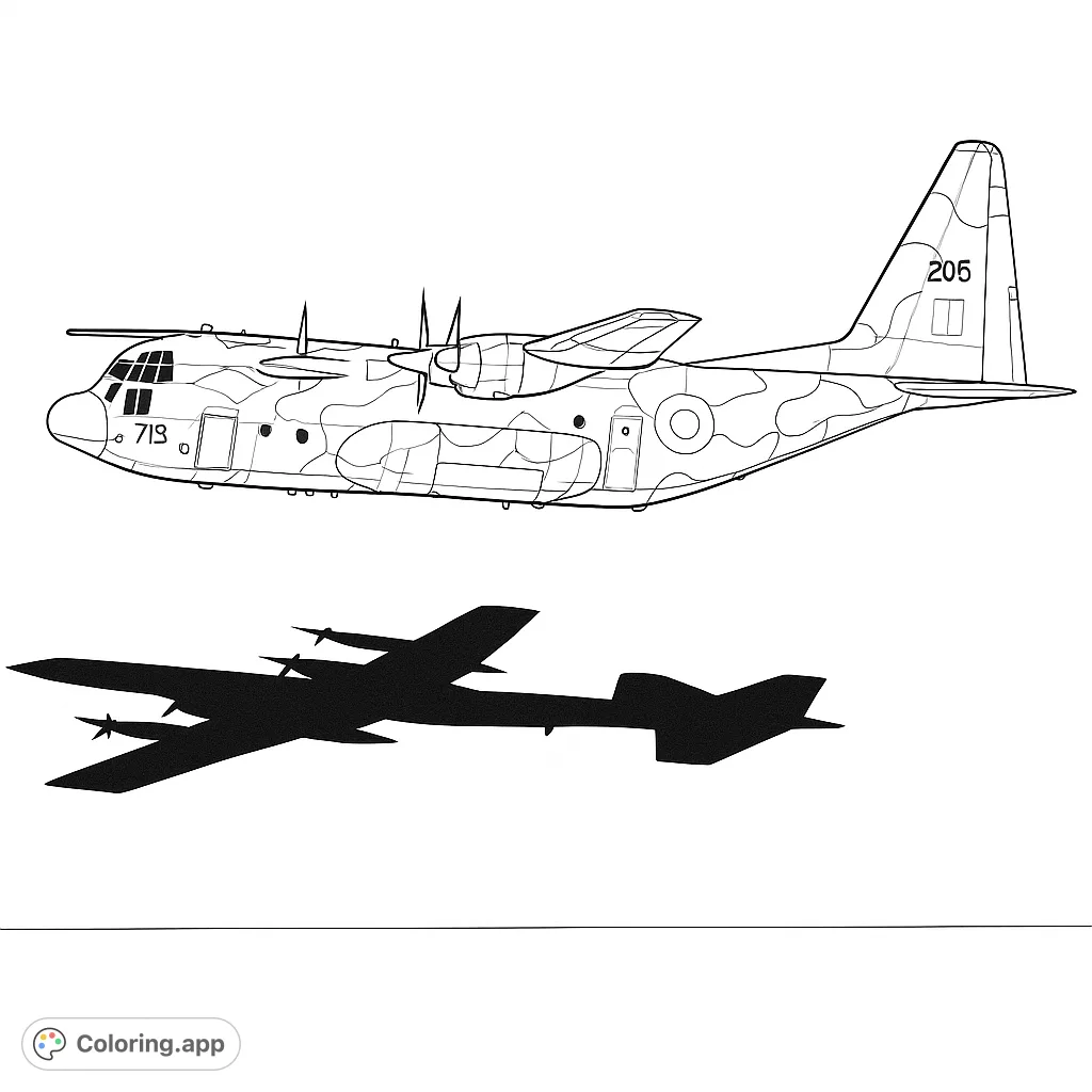 Soar with this intricate military aircraft coloring page, featuring a detailed transport plane over a vast landscape, perfect for aviation enthusiasts.