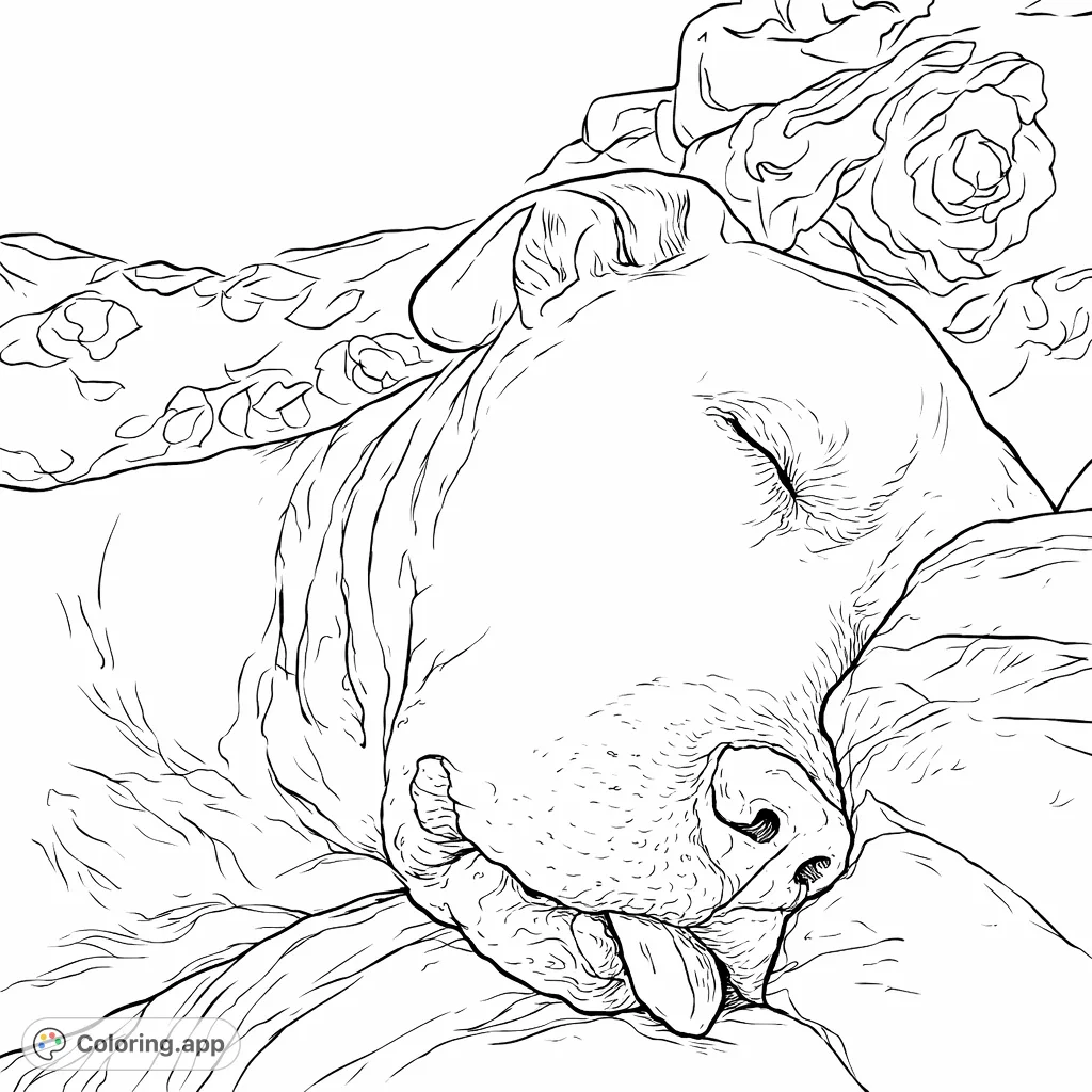 Discover a serene sleeping dog on a patterned blanket, perfect for relaxation. This free printable dog coloring page offers a cozy scene for all ages.