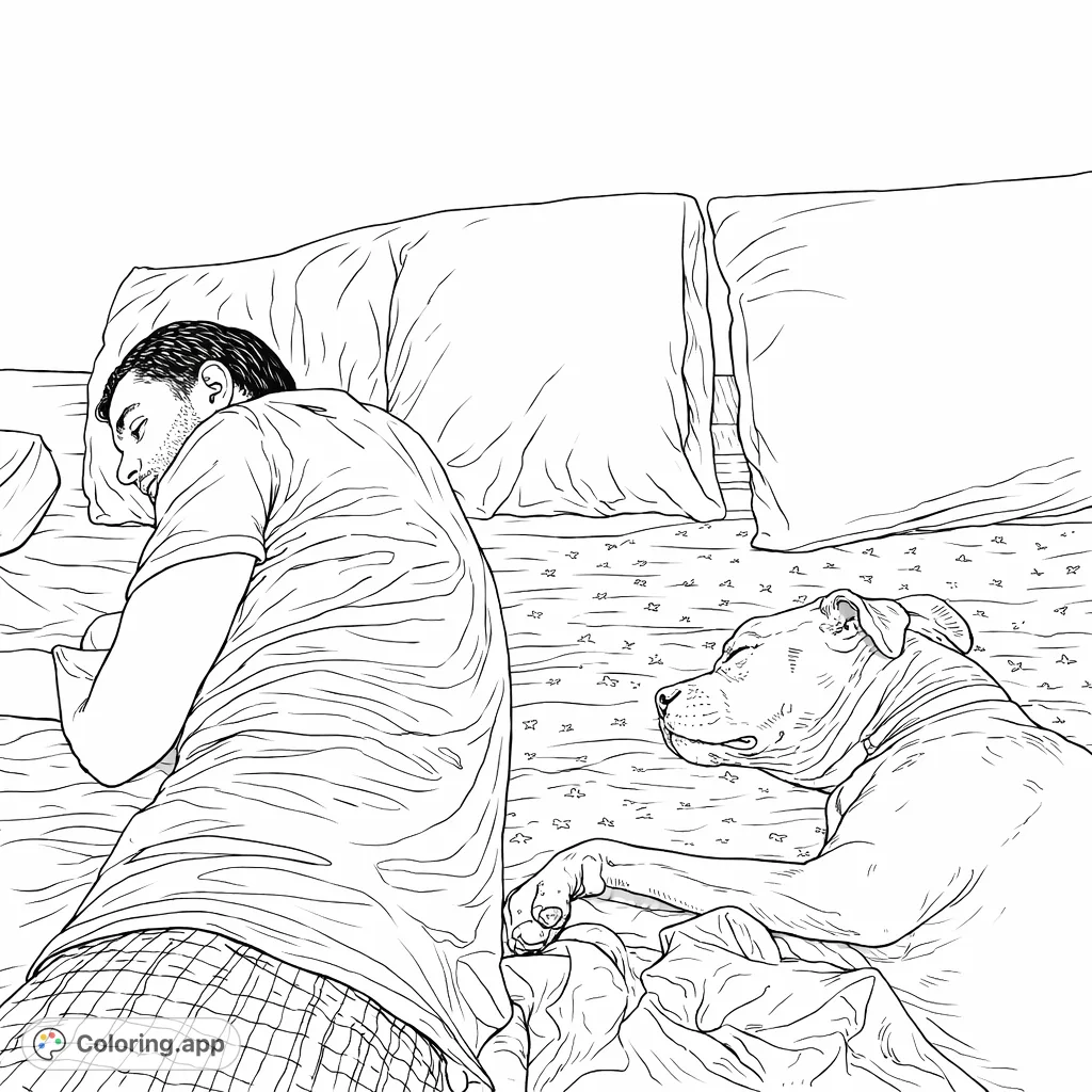 A heartwarming scene of a man and his loyal dog peacefully sleeping together in bed. A detailed realistic coloring page depicting serene companionship.
