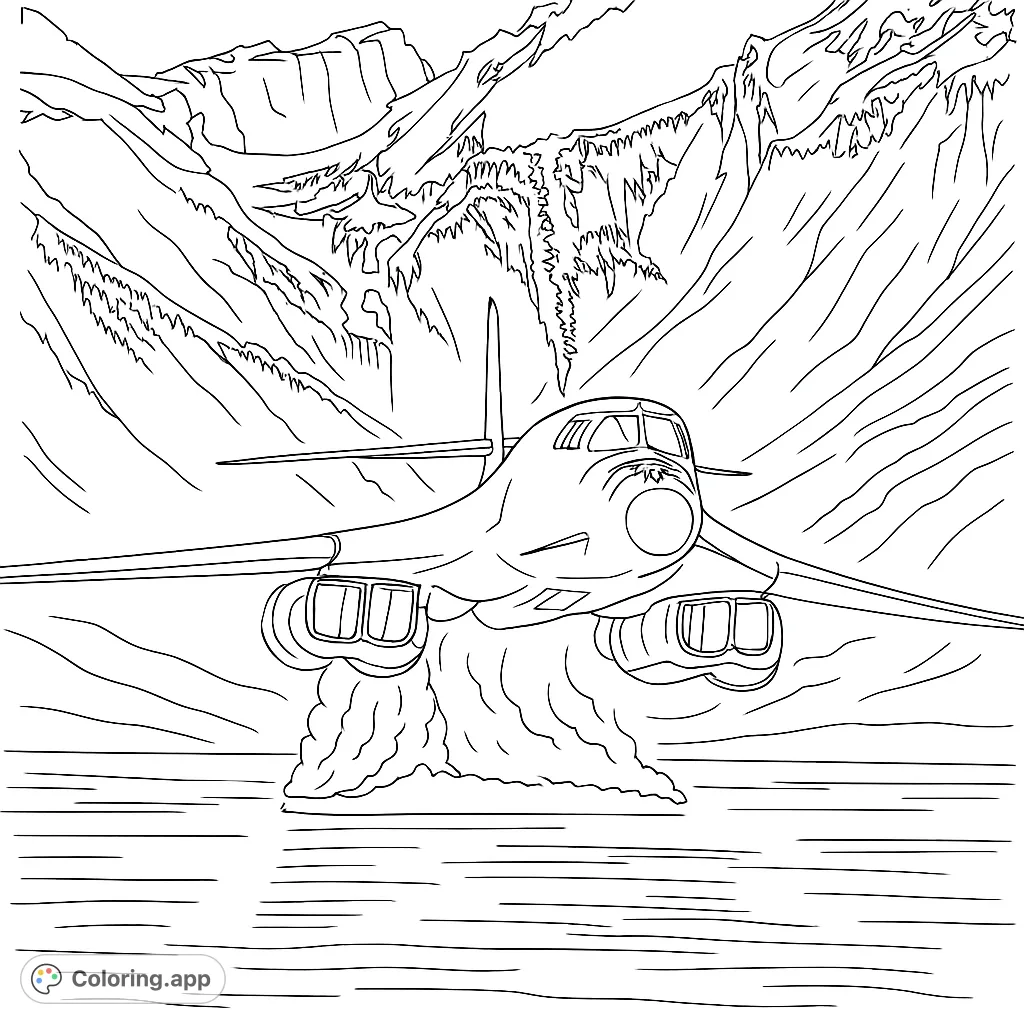 Experience a powerful aircraft soaring low over water with majestic snow-capped mountains. An intricate, realistic design for aviation enthusiasts and advanced colorists.