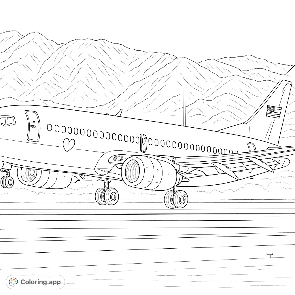 Soar into creativity with this highly detailed airplane coloring page, featuring a realistic passenger jet on a runway. A free printable coloring page for aviation enthusiasts!