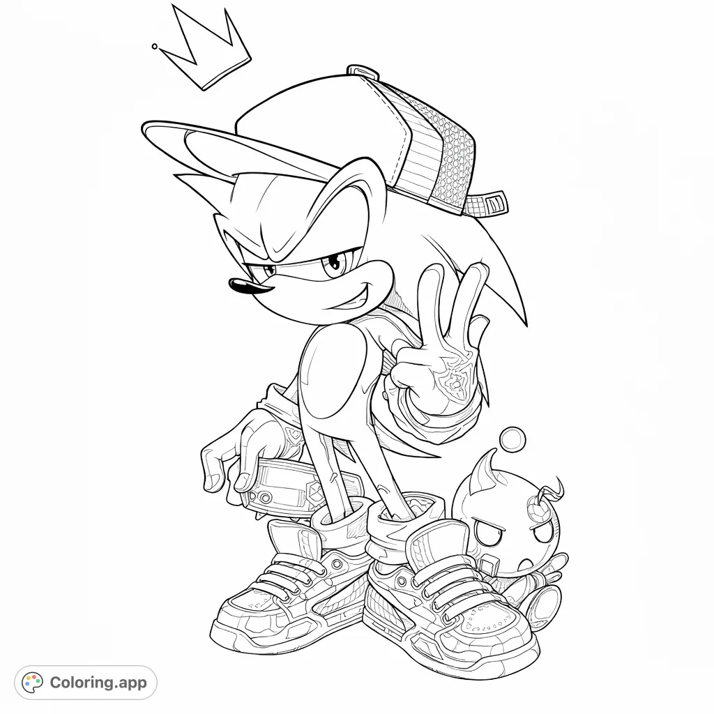 An iconic speedy hero and his companion pose confidently, sporting a cap and peace sign. This intricate design offers complex patterns for detailed coloring fun.