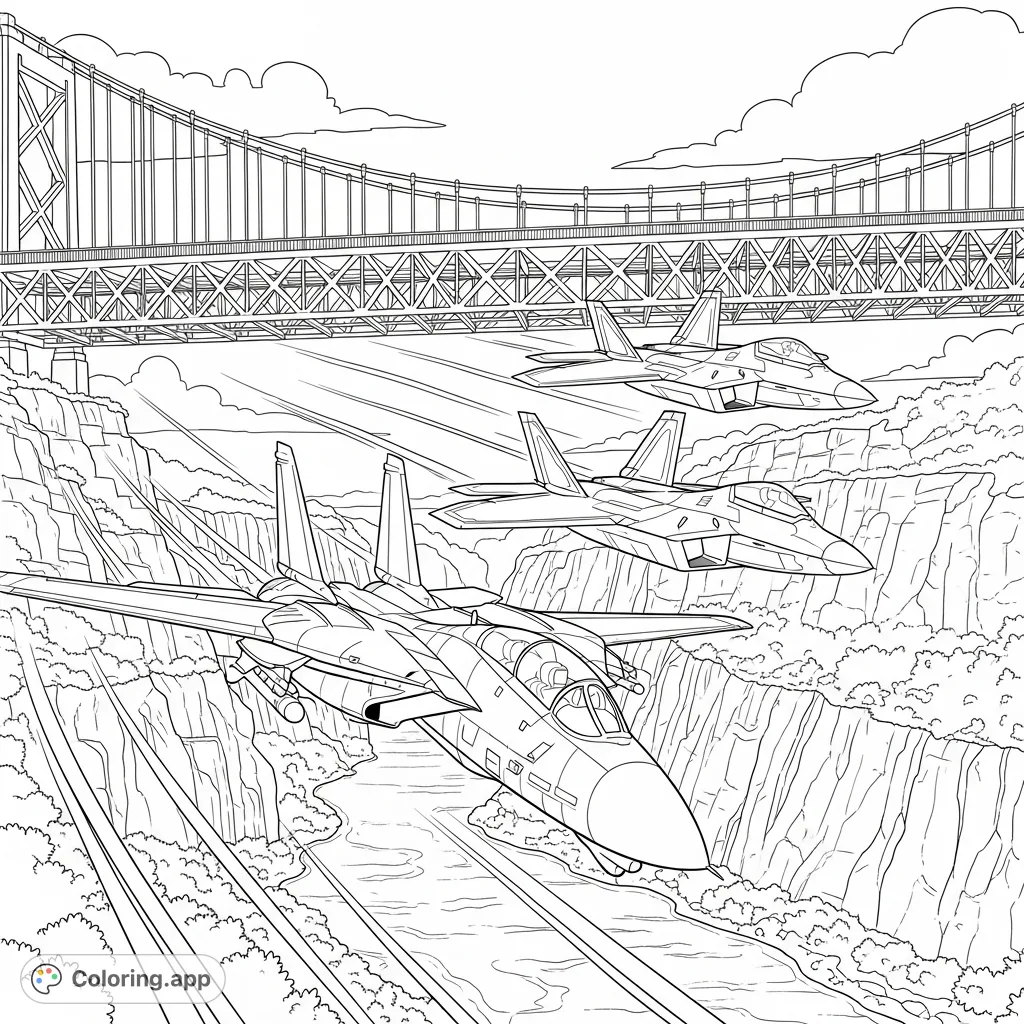 Experience the thrill of F-14 Tomcat and F-22 Raptors flying at supersonic speeds through a river valley under a suspension bridge. A dynamic aviation scene!