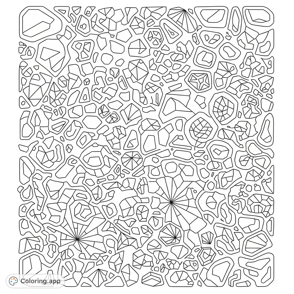 Dive into a complex geometric shapes coloring page, filled with a dynamic array of oddly shaped forms and intricate patterns, perfect for creative expression.