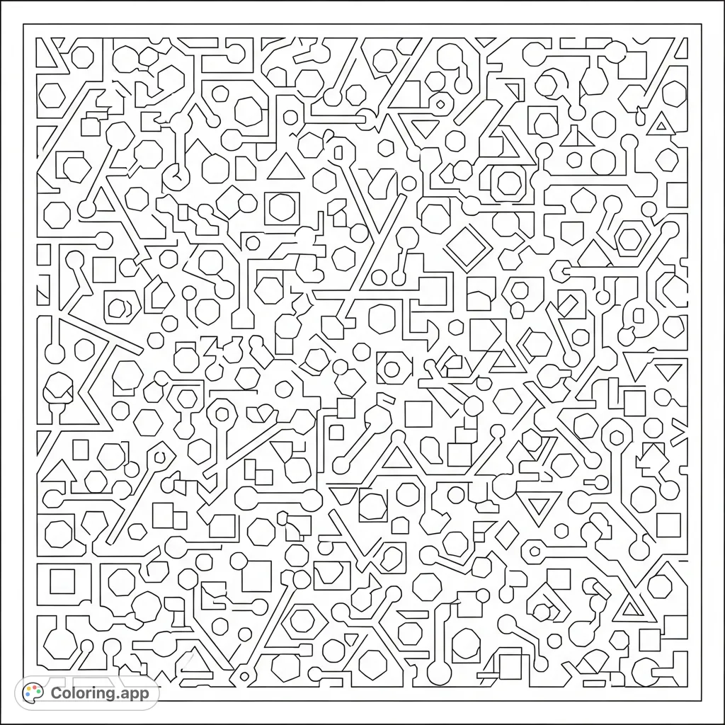 A full sheet filled with varying geometric shapes like squares, circles, and triangles, all interconnected by thick lines within a solid border. An abstract network.