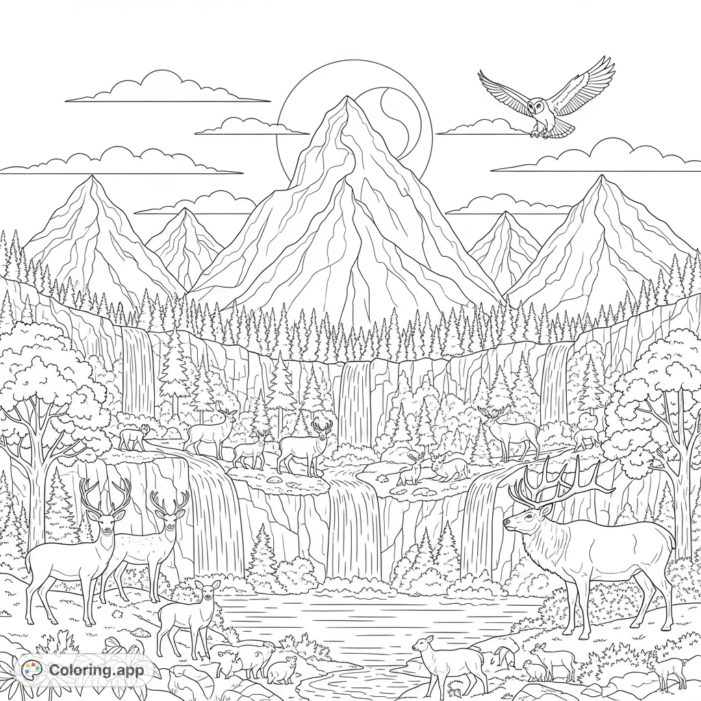 A majestic mountain landscape at dusk, featuring a grand peak, cascading waterfalls, diverse forest animals, and a soaring owl under a soft moon.