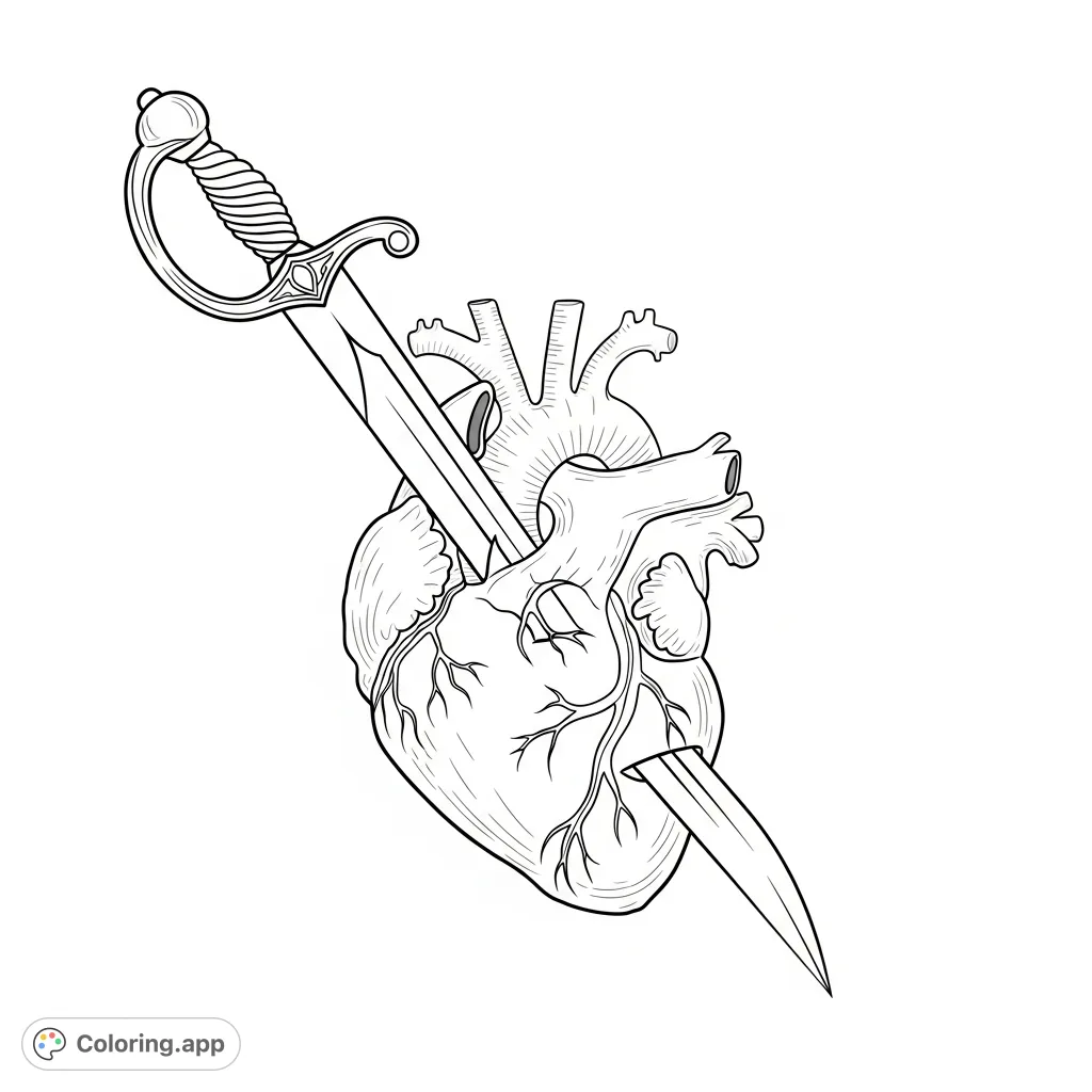 A striking anatomical heart pierced by a scimitar sword. Intricate details of chambers, vessels, and the curved blade offer a challenging coloring experience.