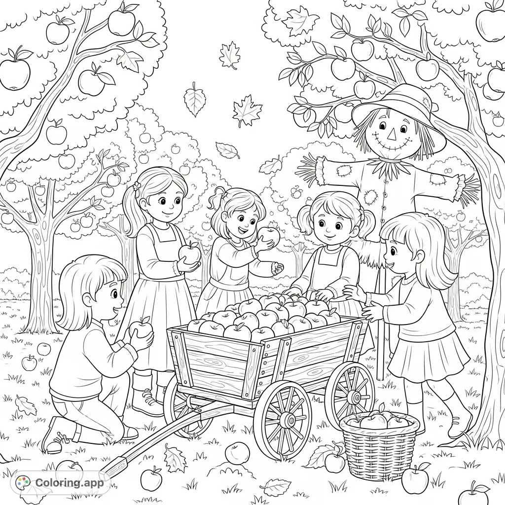 A delightful autumn scene at a bustling apple orchard, featuring children collecting apples into a rustic wagon, falling leaves, and a friendly scarecrow.