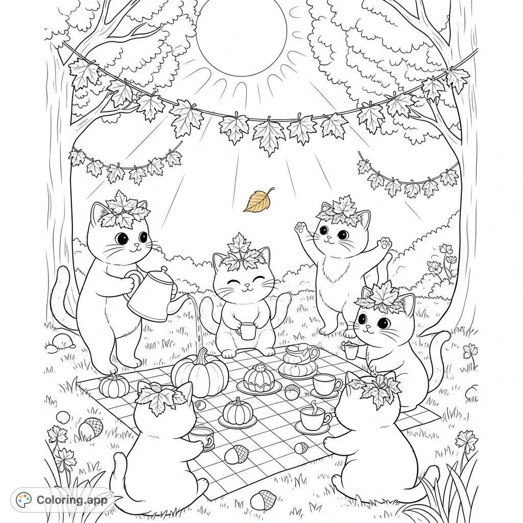 A whimsical autumn tea party with adorable cats, miniature pumpkin treats, and fall leaf garlands in a sun-dappled clearing, perfect for intricate coloring.