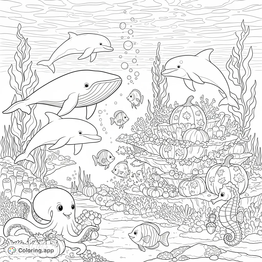 Dive into a vibrant underwater autumn celebration! Friendly sea creatures gather around a magnificent coral reef adorned with sea pumpkins and kelp garlands.