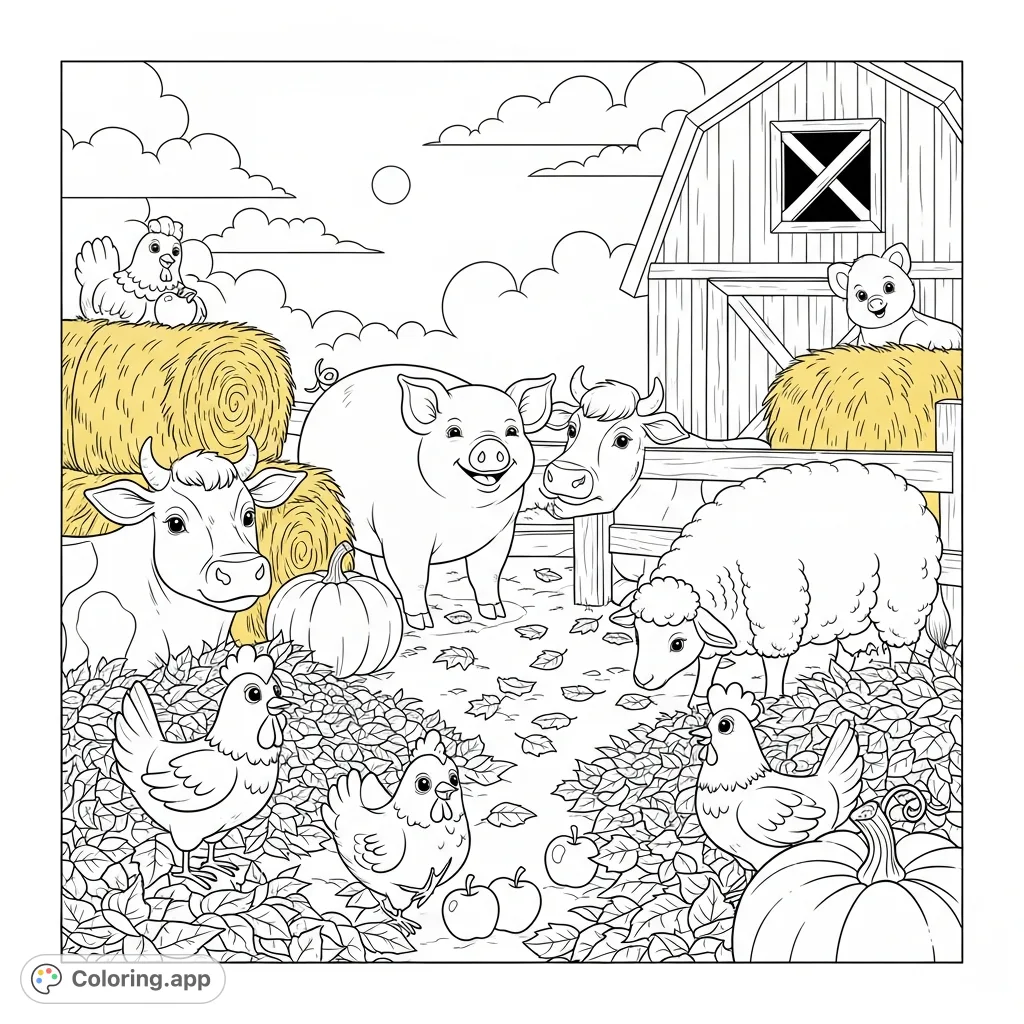 An enchanting autumn farm scene with a cheerful pig, gentle cow, fluffy sheep, and playful chickens enjoying a harvest play day among leaves and pumpkins.