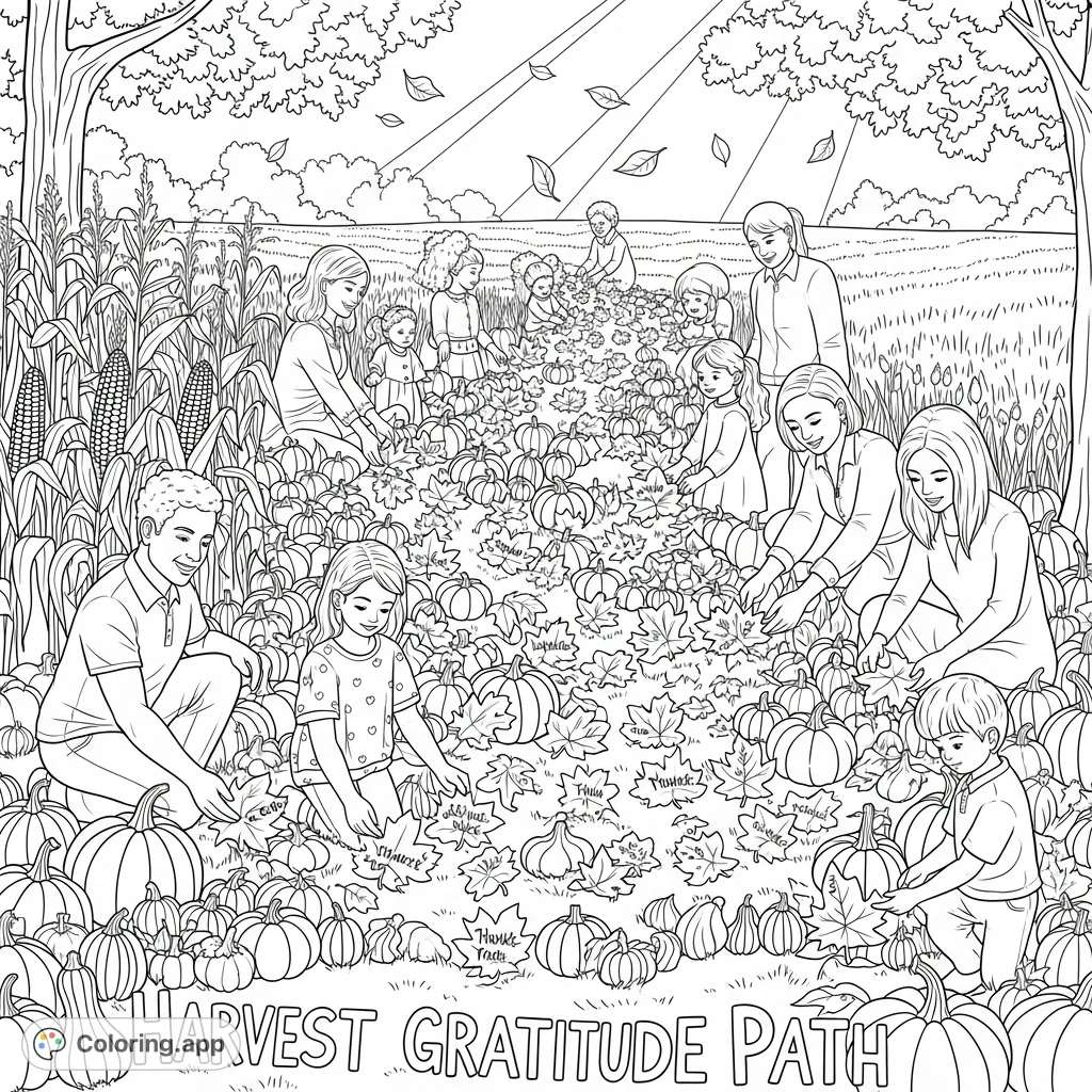 A heartwarming autumn scene with families and friends building a 'Harvest Gratitude Path' adorned with pumpkins, gourds, cornstalks, and leaves bearing messages of thanks.
