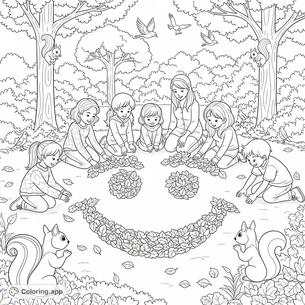 A joyful autumn park scene with children and adults creating a giant smiling leaf face, observed by curious squirrels and birds.