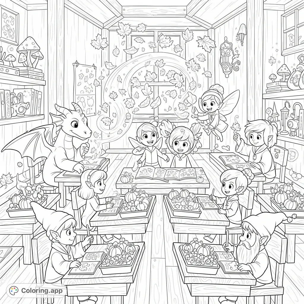 Step into the 'Autumn Magic Academy' classroom! Young fantasy creatures learn magic amidst floating leaves, glowing fungi, and miniature pumpkin patches.