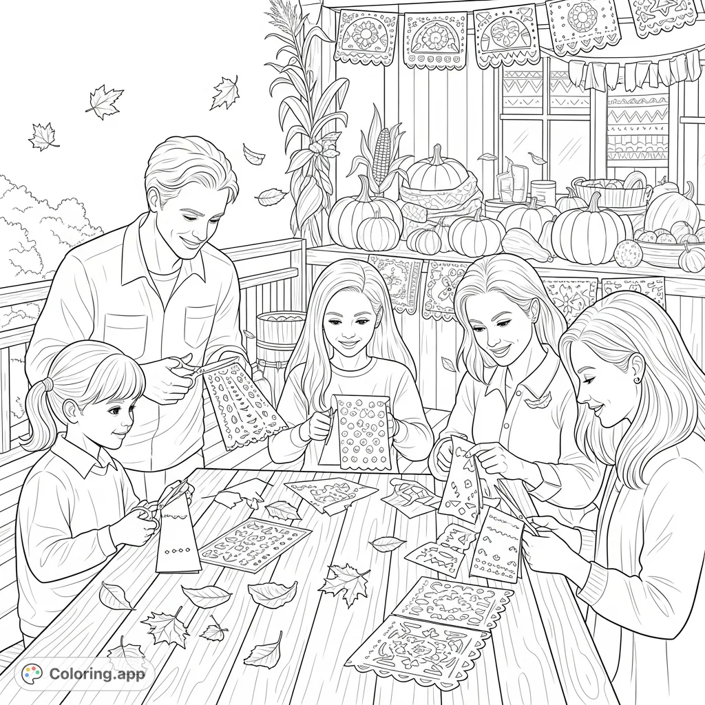 A joyful family crafts intricate papel picado banners at a rustic table, surrounded by fall leaves and a cozy market stall adorned with pumpkins and cornstalks.