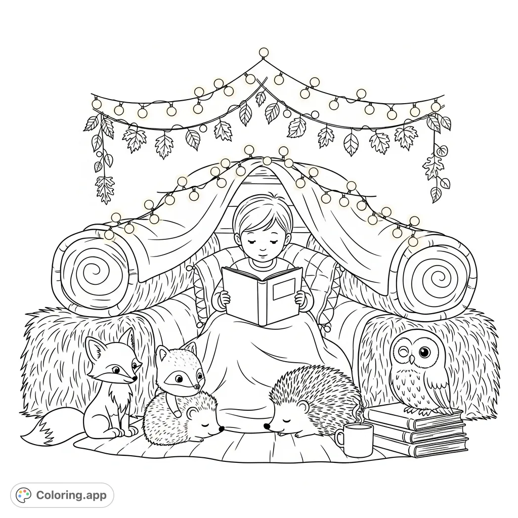 A charming coloring page depicting a child reading to attentive woodland animals in a cozy autumn story nook, adorned with leaves and fairy lights.