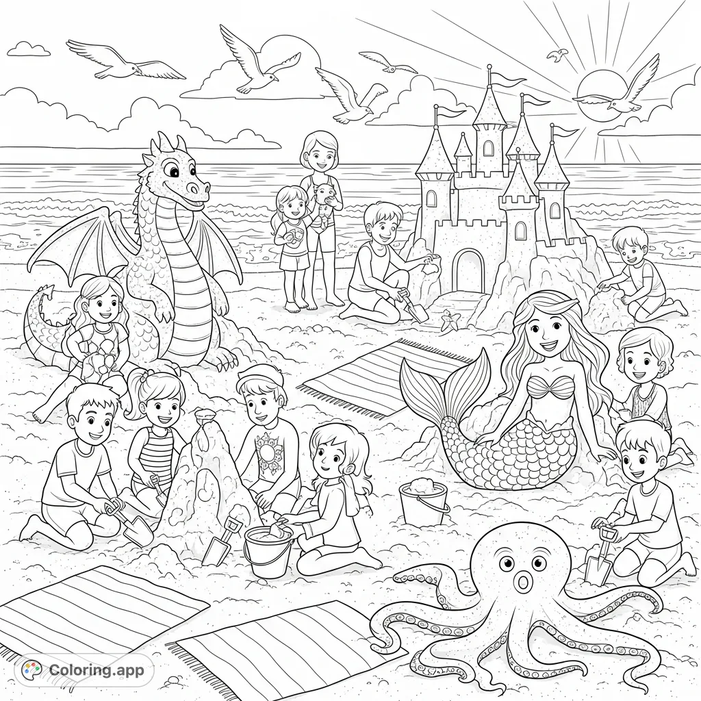 Immerse yourself in a lively summer beach scene, featuring families crafting whimsical sand sculptures like a dragon, castle, mermaid, and octopus. Fun for all ages!