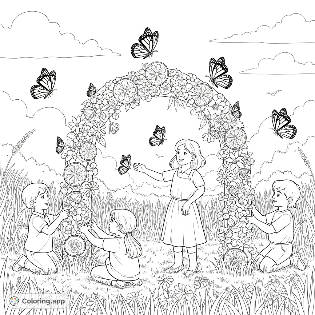 A delightful coloring page depicting children building a whimsical archway adorned with flowers and fruit for monarch butterflies in a sunny summer meadow.