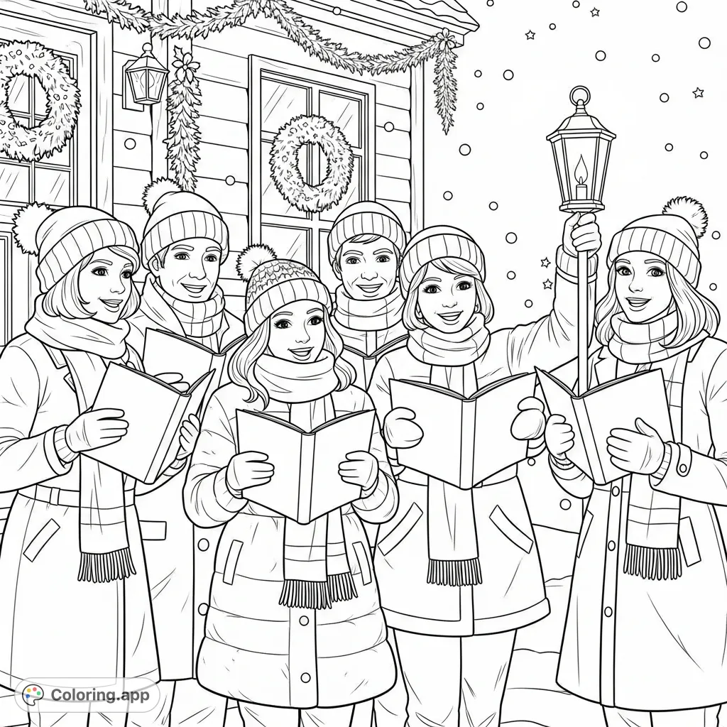 A heartwarming scene of carolers in festive winter attire, gathered around a glowing lantern outside a charming, decorated house on a snowy evening.