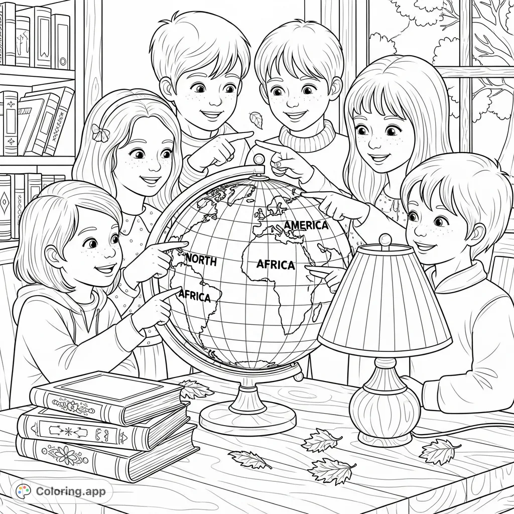 Cheerful children gather around a vintage globe, pointing to continents in a cozy room with a warm lamp, autumn leaves, and classic storybooks.