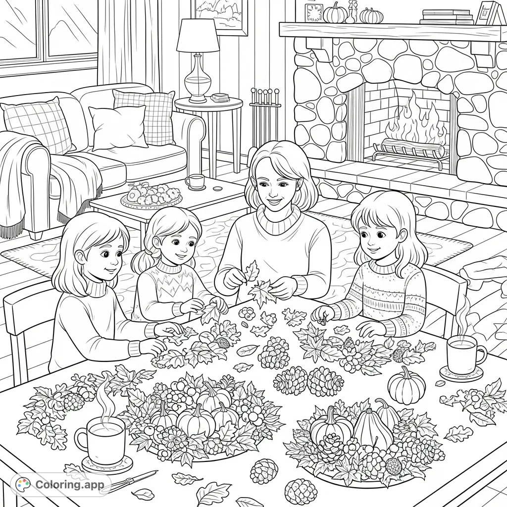 Children and an adult craft autumn garlands with leaves, pinecones, and gourds in a warm living room with blankets, cider, and a crackling fireplace.