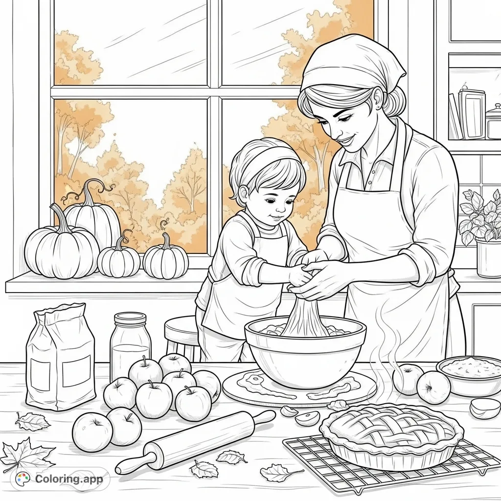 A heartwarming kitchen scene where a child and adult bake an apple pie amidst autumn decor. Golden fall trees are visible through the window.
