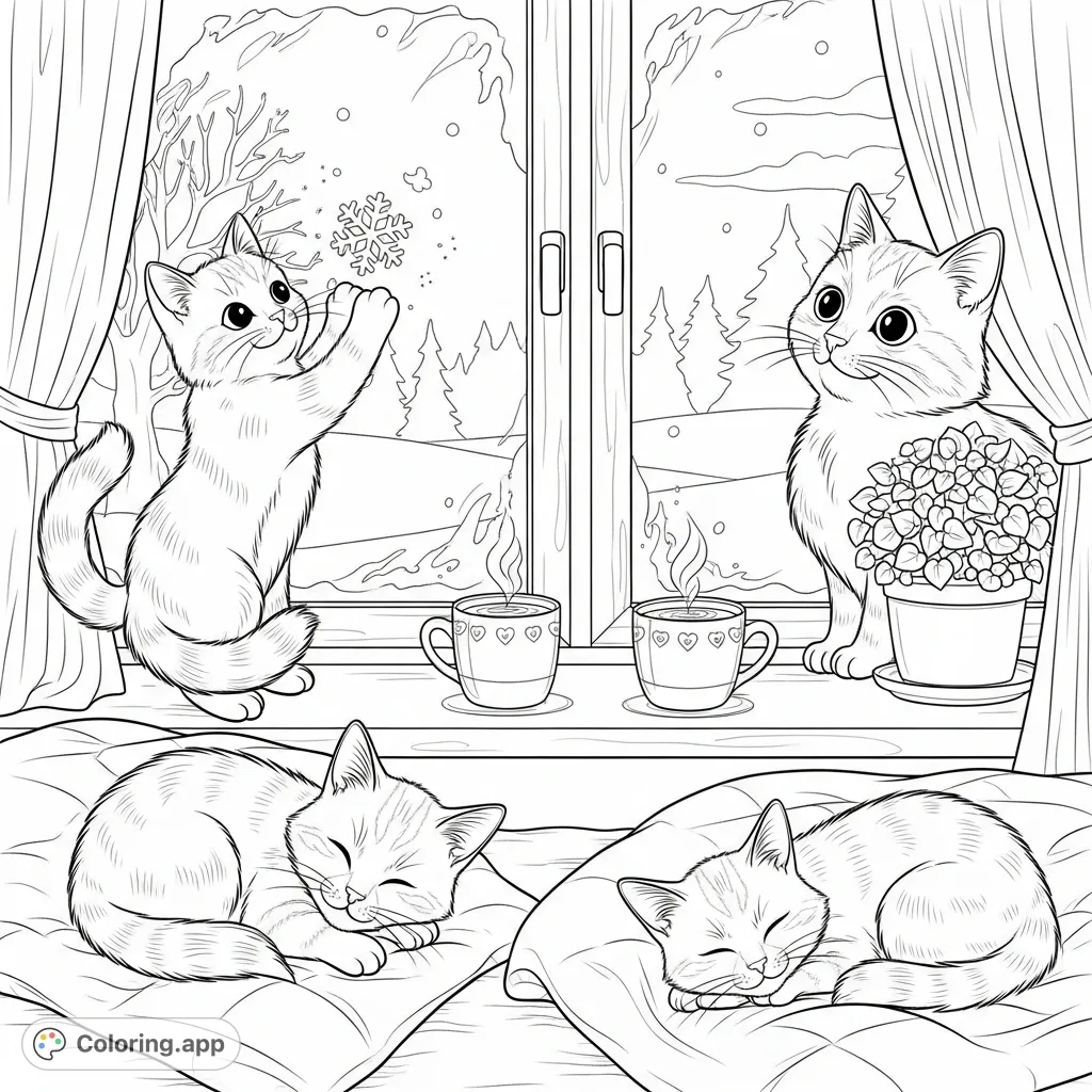 A delightful coloring page featuring three cats enjoying a cozy winter day indoors, with snowflakes, sunbeams, mugs, and a snowy view.
