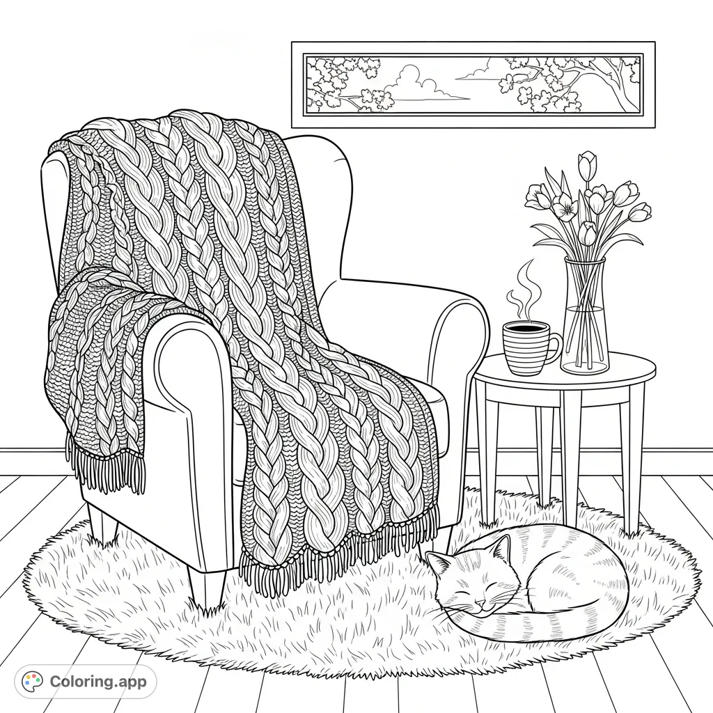 Cozy Reading Nook with Cat - Coloring.app