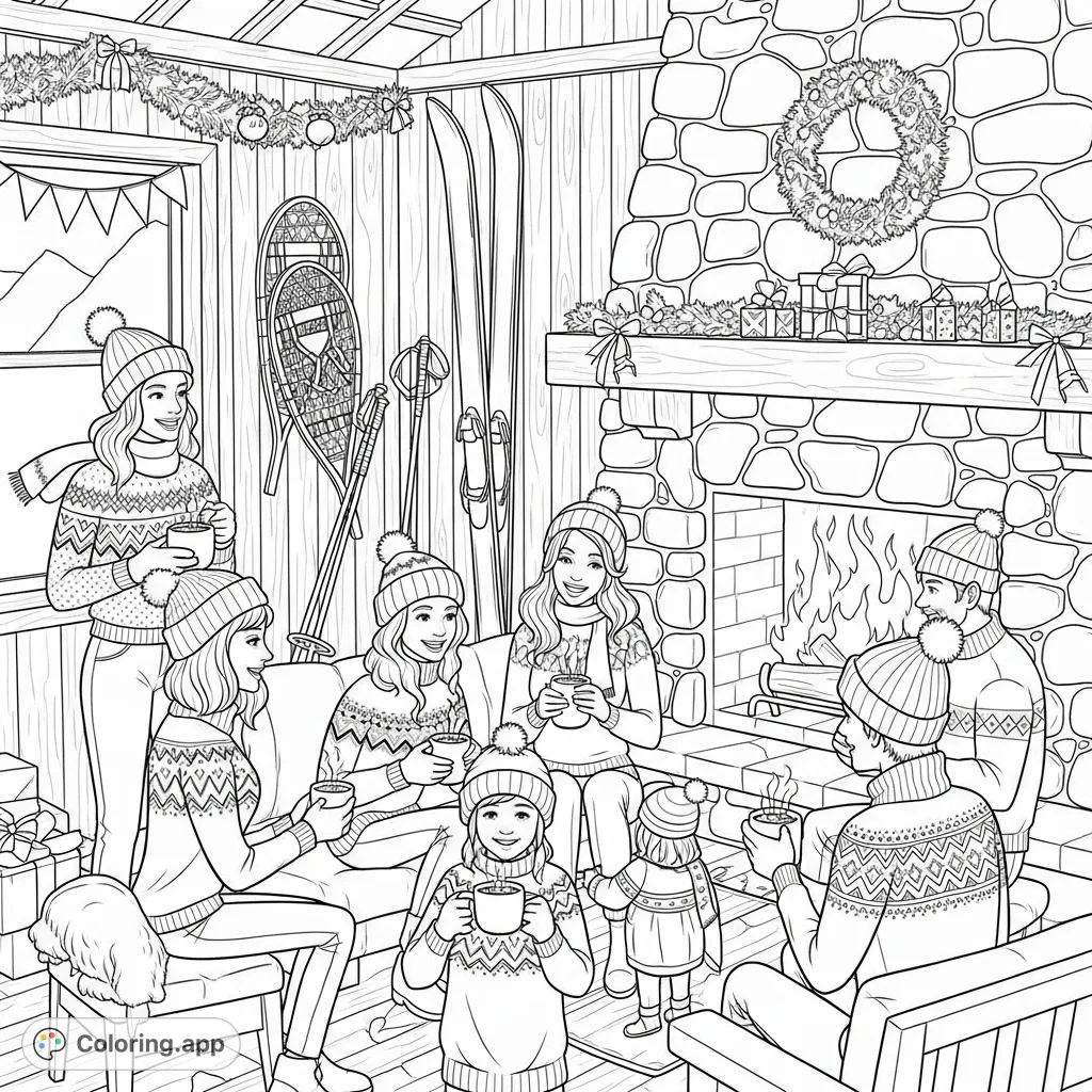 A heartwarming retro ski lodge scene with families and friends around a fireplace. Features vintage ski gear, festive decorations, and cozy details.