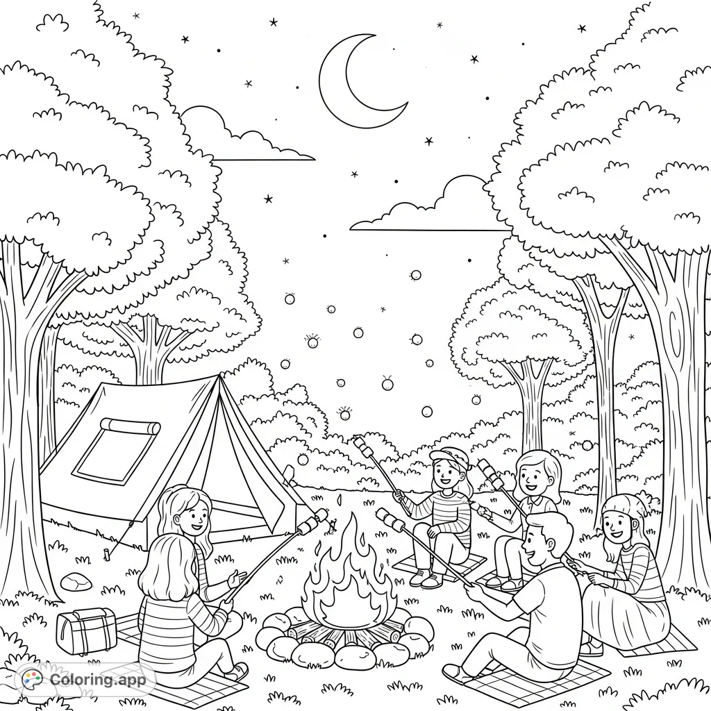 Experience a peaceful summer night camping with friends or family around a glowing campfire, surrounded by friendly trees, dancing fireflies, and a starry sky with a crescent moon.