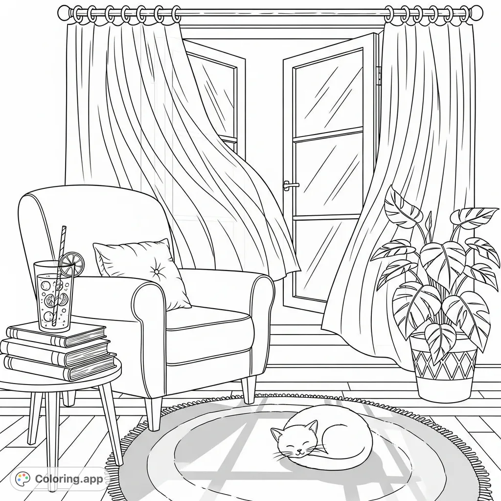 Discover a tranquil summer reading nook with an armchair, lemonade, books, and a napping pet. Perfect for relaxation and creative expression.