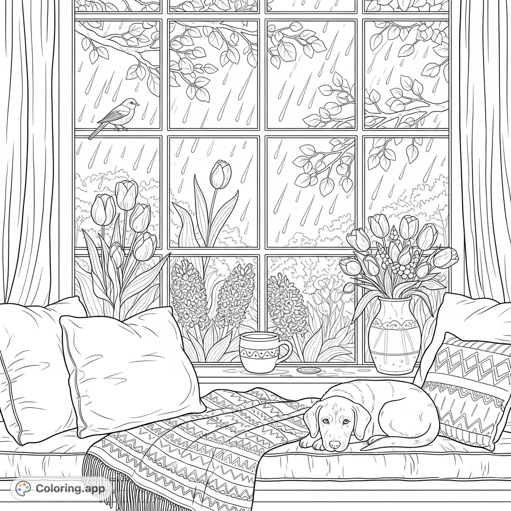 A charming window seat featuring a puppy, plush cushions, and a patterned throw. Outside, a serene spring shower waters a garden with blooming flowers and a bird.