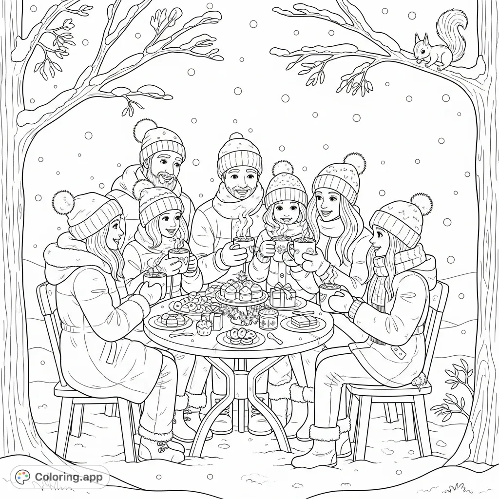 A heartwarming scene of friends and family enjoying hot cocoa and festive snacks around a decorated table in a sparkling snowy forest, with a playful squirrel peeking.