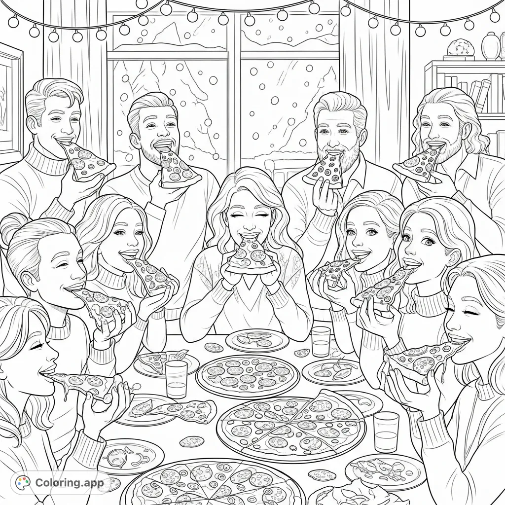 Gather around for a joyful winter pizza party! Friends and family share laughs and delicious slices in a cozy, decorated room with snow falling outside.