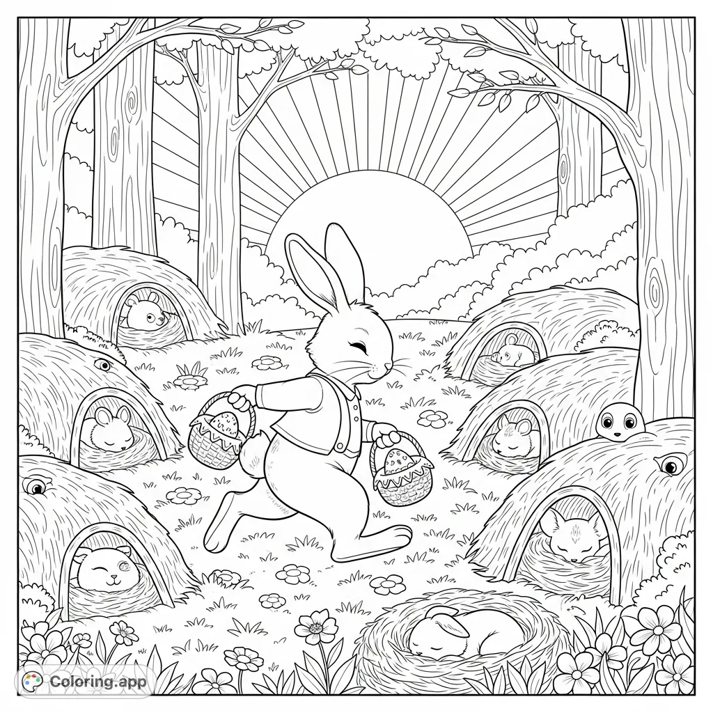 The Easter Bunny quietly tiptoes through a spring woodland at dawn, delivering decorated miniature baskets to sleeping forest friends amidst delicate flowers.