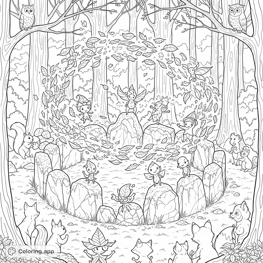 A magical autumn scene with playful forest spirits creating a swirling leaf vortex around an ancient stone circle, watched by curious woodland animals.