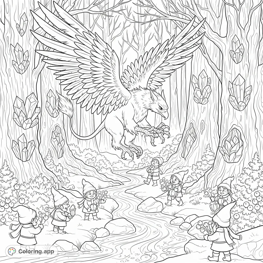 A griffin with frosted wings lands in an enchanted winter forest, surrounded by ancient trees with ice crystals, gnomes gathering berries, and a sparkling, partially frozen stream.