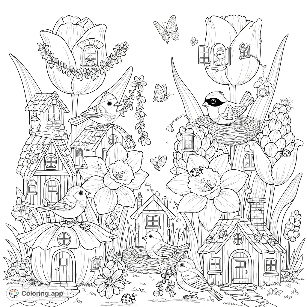 Discover a bustling floral village where songbirds decorate homes in giant spring flowers for a grand festival. Intricate details abound in this joyful scene.