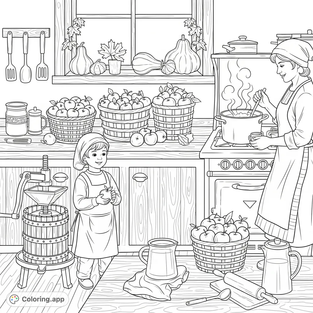 A heartwarming kitchen scene where a family makes fresh apple cider. Baskets of apples, a rustic press, and autumn decorations create a cozy atmosphere.