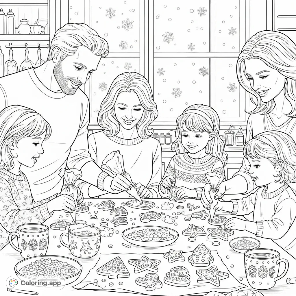 A heartwarming scene of a family decorating Christmas cookies with icing, sprinkles, and candies. Festive mugs and falling snowflakes outside a window complete the cozy holiday mood.