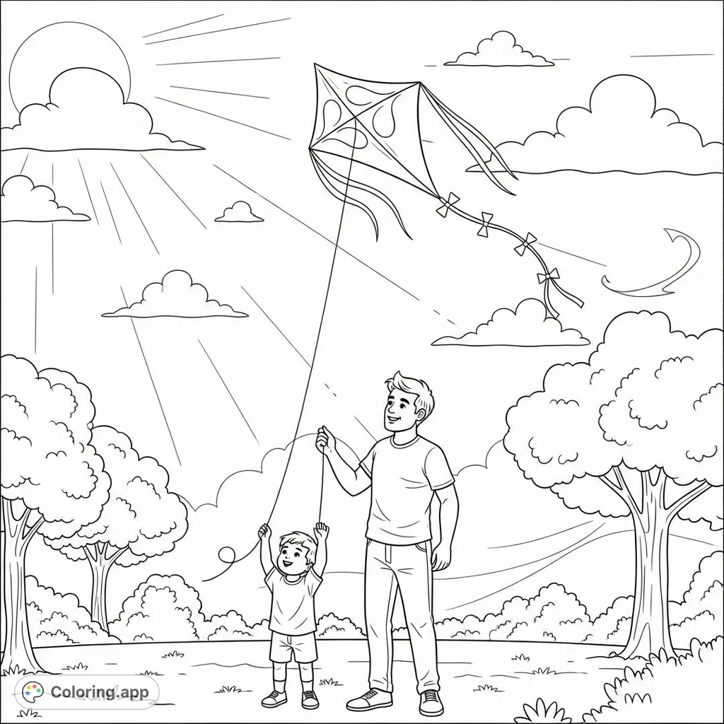 A heartwarming coloring page depicts a father and child joyfully flying a whimsical kite with long tails in a sunny park, surrounded by trees and clouds.