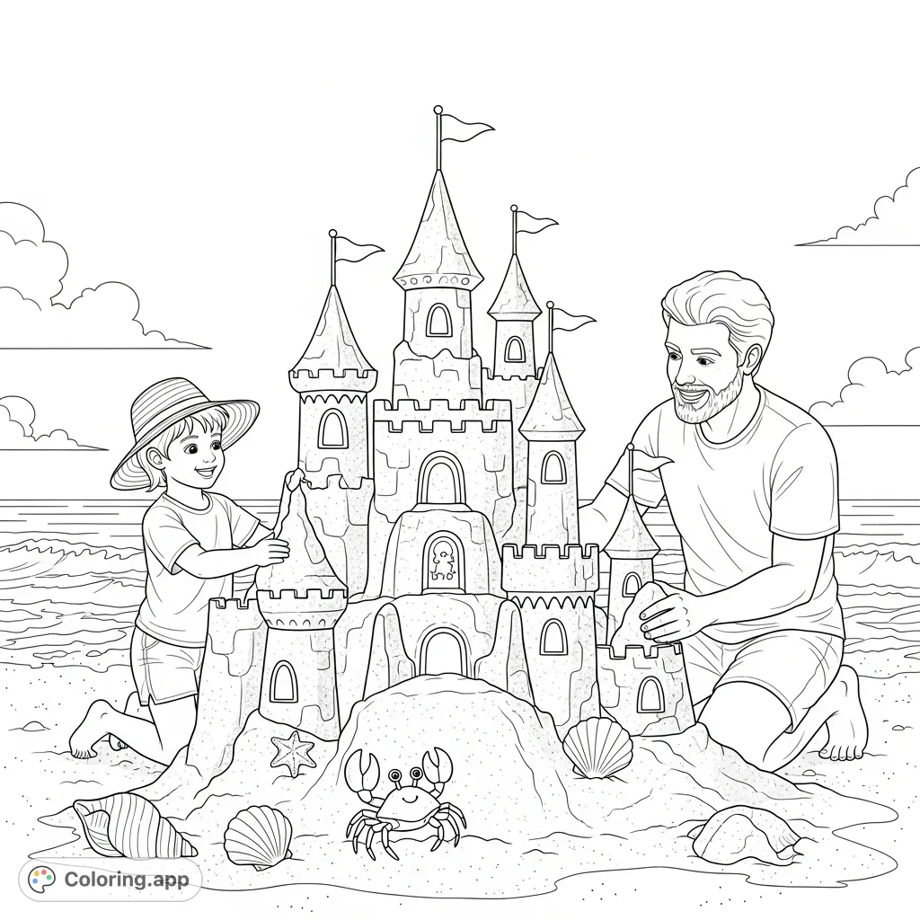 A heartwarming scene of a father and child joyfully constructing an elaborate sandcastle on a sunny beach, surrounded by shells, a crab, and sparkling ocean waves.