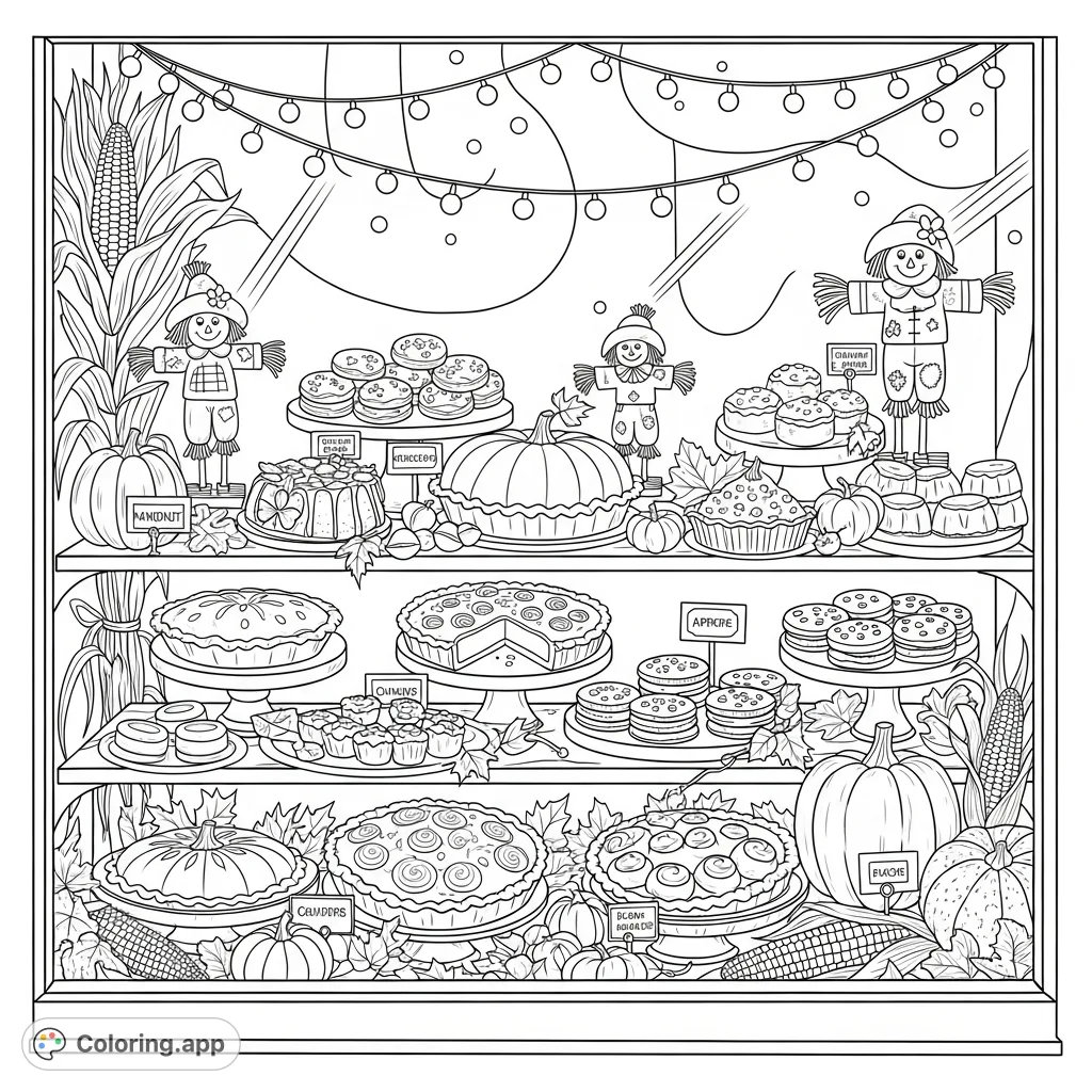 A delightful bakery window filled with pumpkin pies, apple tarts, and spiced cookies, surrounded by charming fall decorations like scarecrows and cornstalks.