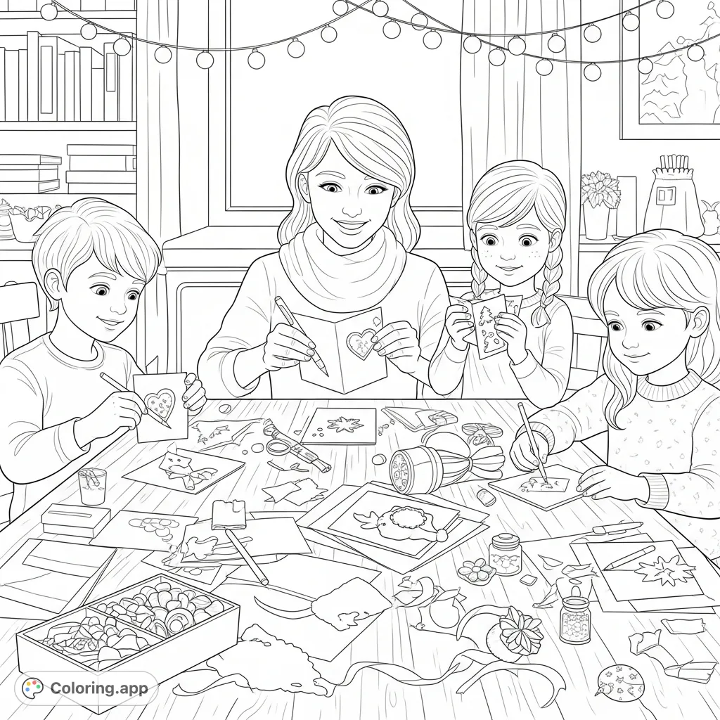 A delightful coloring page featuring children and an adult crafting holiday cards and ornaments together, surrounded by craft supplies and twinkling lights.