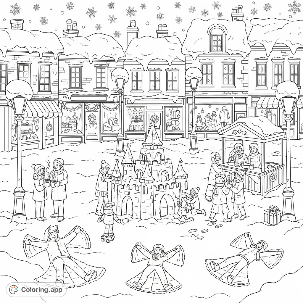A charming town square comes alive with the season's first snowfall. Families build snow forts and angels, while adults enjoy hot cocoa amidst snowy shops and lampposts.