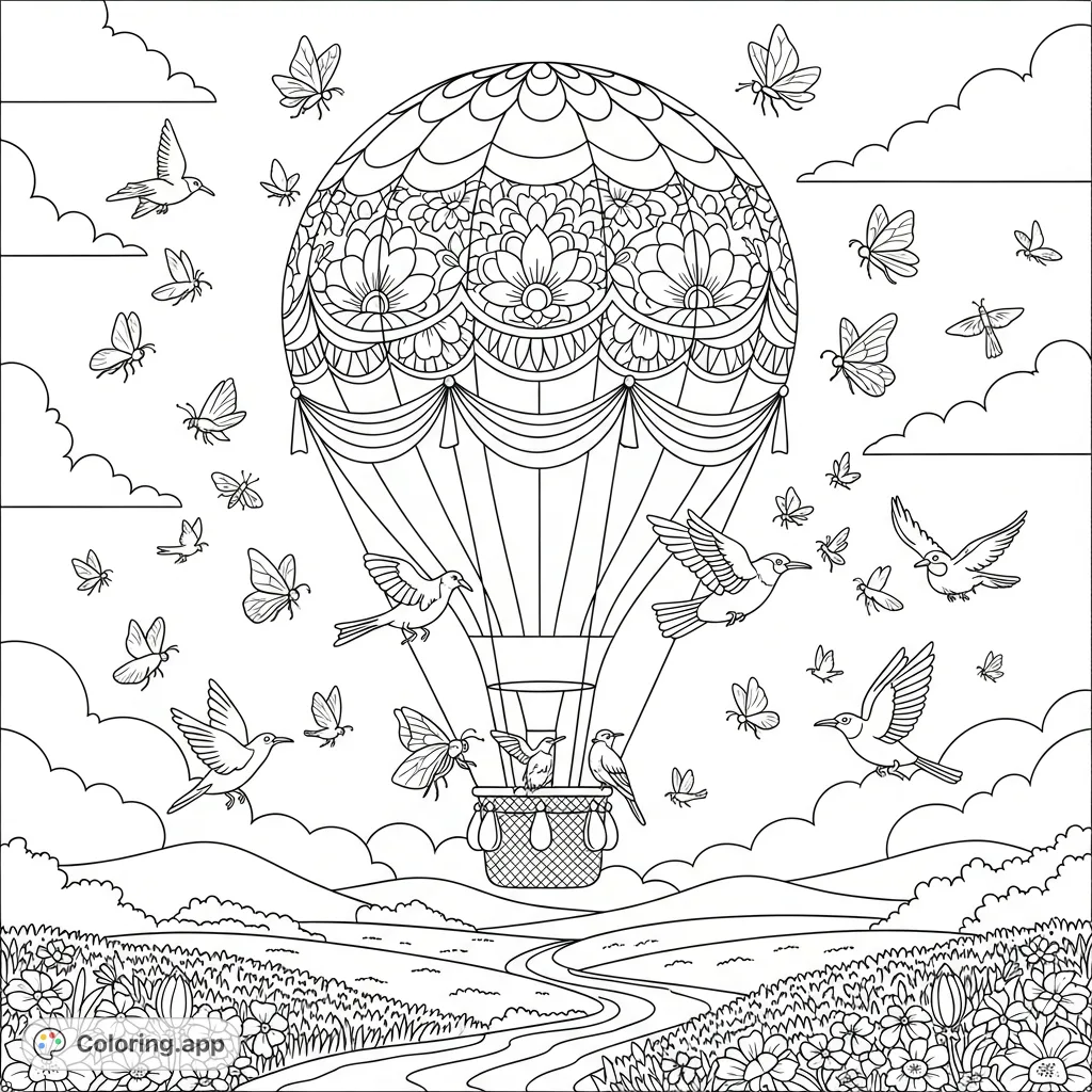 A delightful coloring page featuring a floral hot air balloon soaring above rolling hills, a sparkling river, and fields of wildflowers, surrounded by playful birds and butterflies.