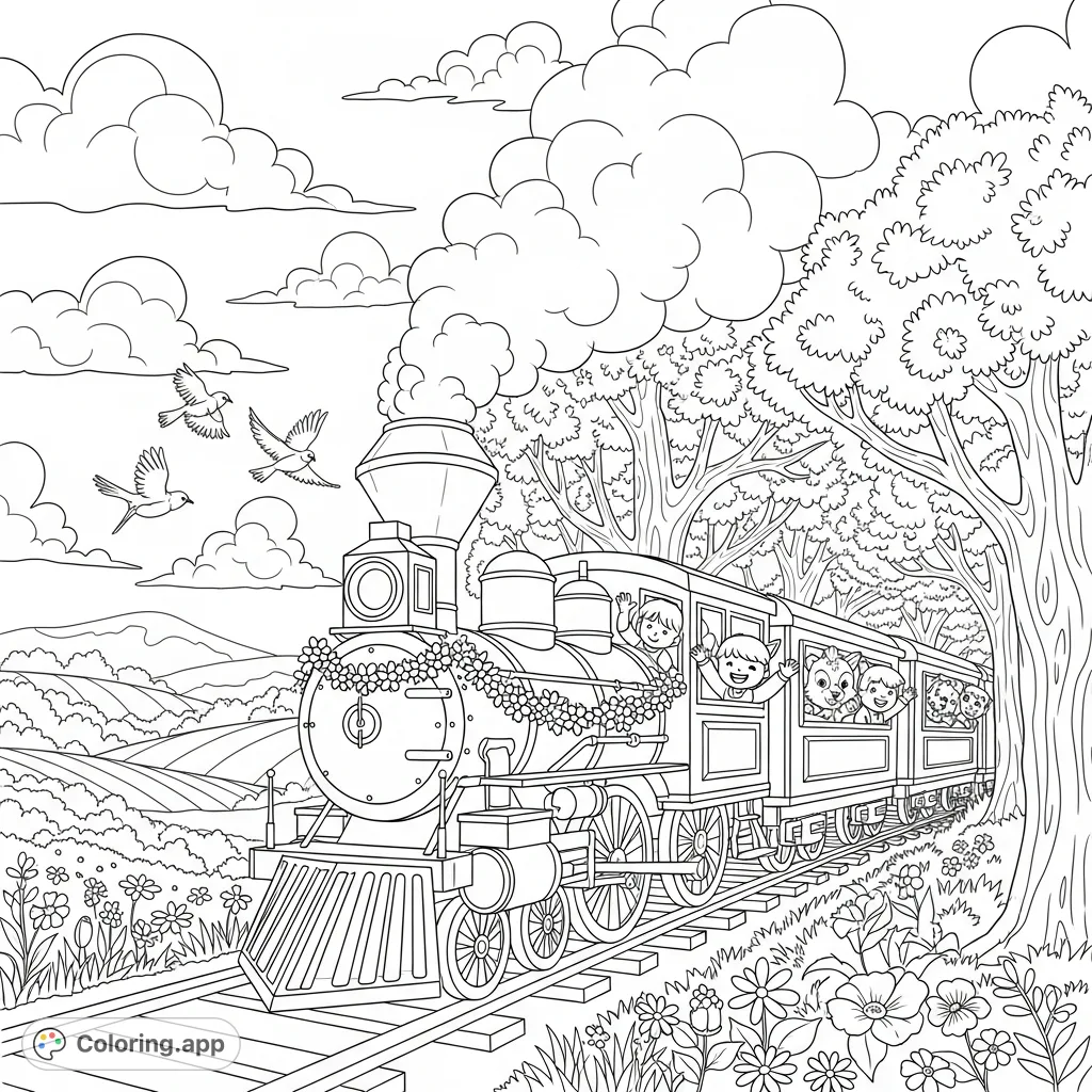 A charming old-fashioned steam train adorned with spring flowers, carrying happy children and forest animals through a vibrant, blossoming spring landscape.