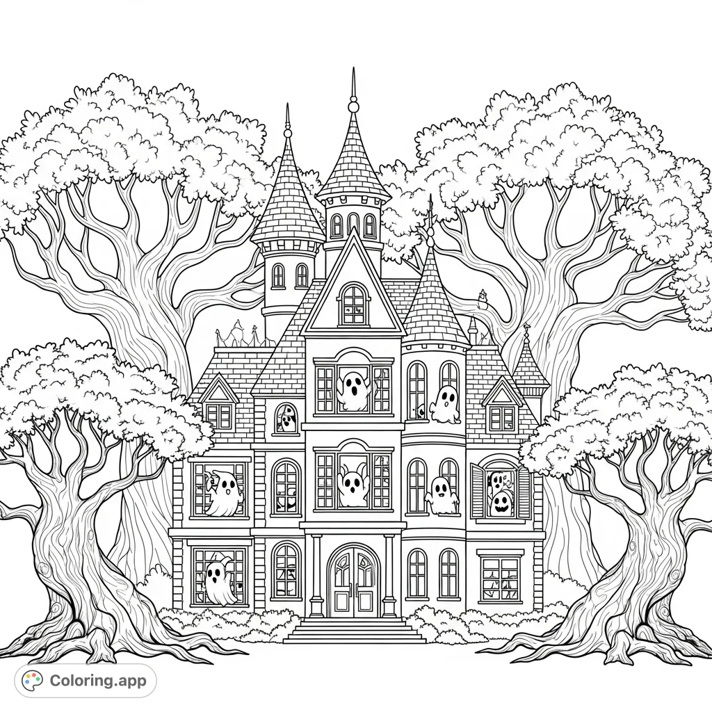 Color a whimsical haunted mansion with smiling ghosts and gnarled trees, inviting you to a not-so-spooky Halloween party. Perfect for festive fun!