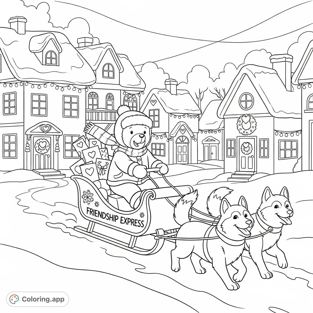 A heartwarming scene of a bear or child courier delivering cards and tokens on a festive sled pulled by huskies through a snow-covered village.